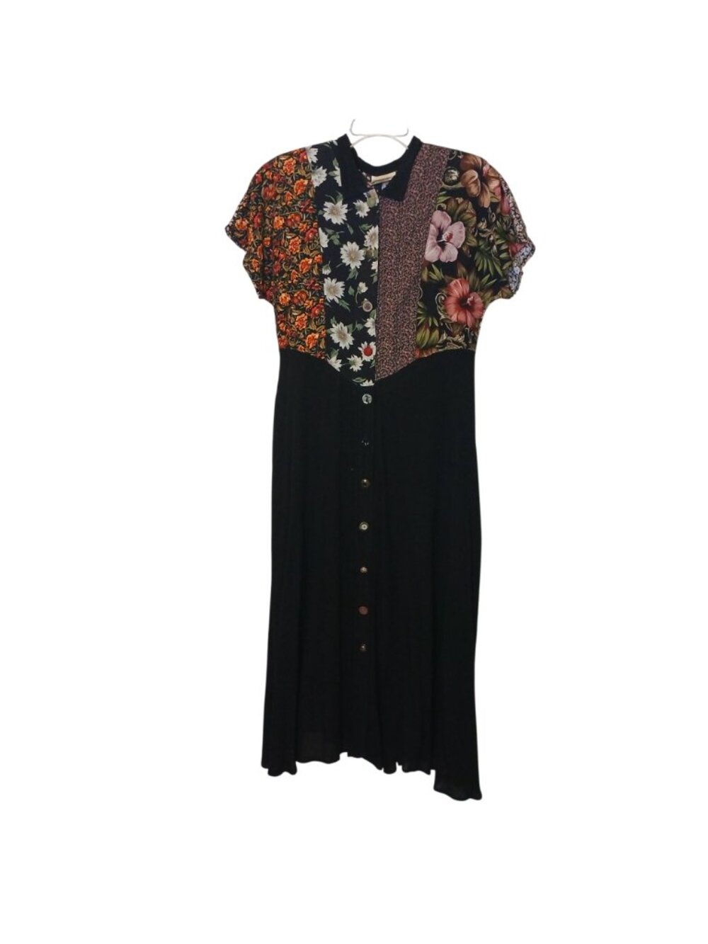 Zoe Patchwork Dress Large Button Maxi Dress Black Multicolor Rayon VTG #L70 - Picture 11 of 12